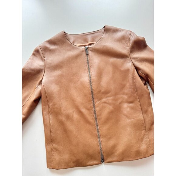VINCE Saddle Brown Lamb Leather Zip Front Minimalist Collarless Jacket, Size S - Picture 6 of 16